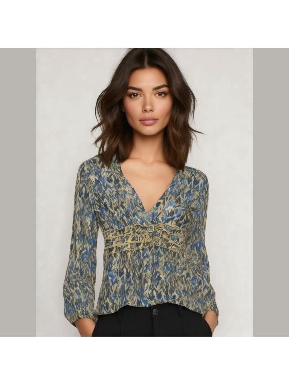 Women's BCBGMAXAZRIA Crossover V-Neck Blouse, M, Blue, Green, Brown, Creme
